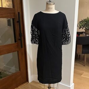 60’s era Vintage Black Crepe Dress with crochet Sleeves